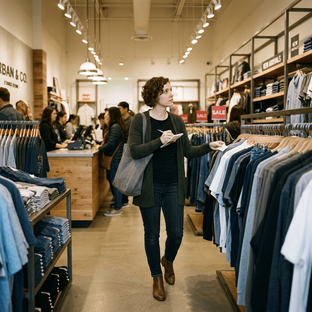 Shopper holding a notebook and examining clothing in a retail store