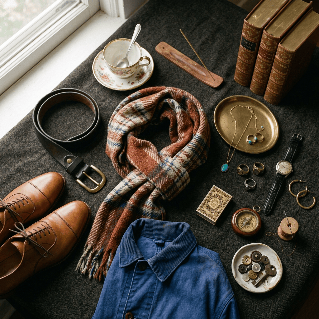 Autumn still life with scarf, shoes, belt, shirt, books, watch, jewelry, and teacup