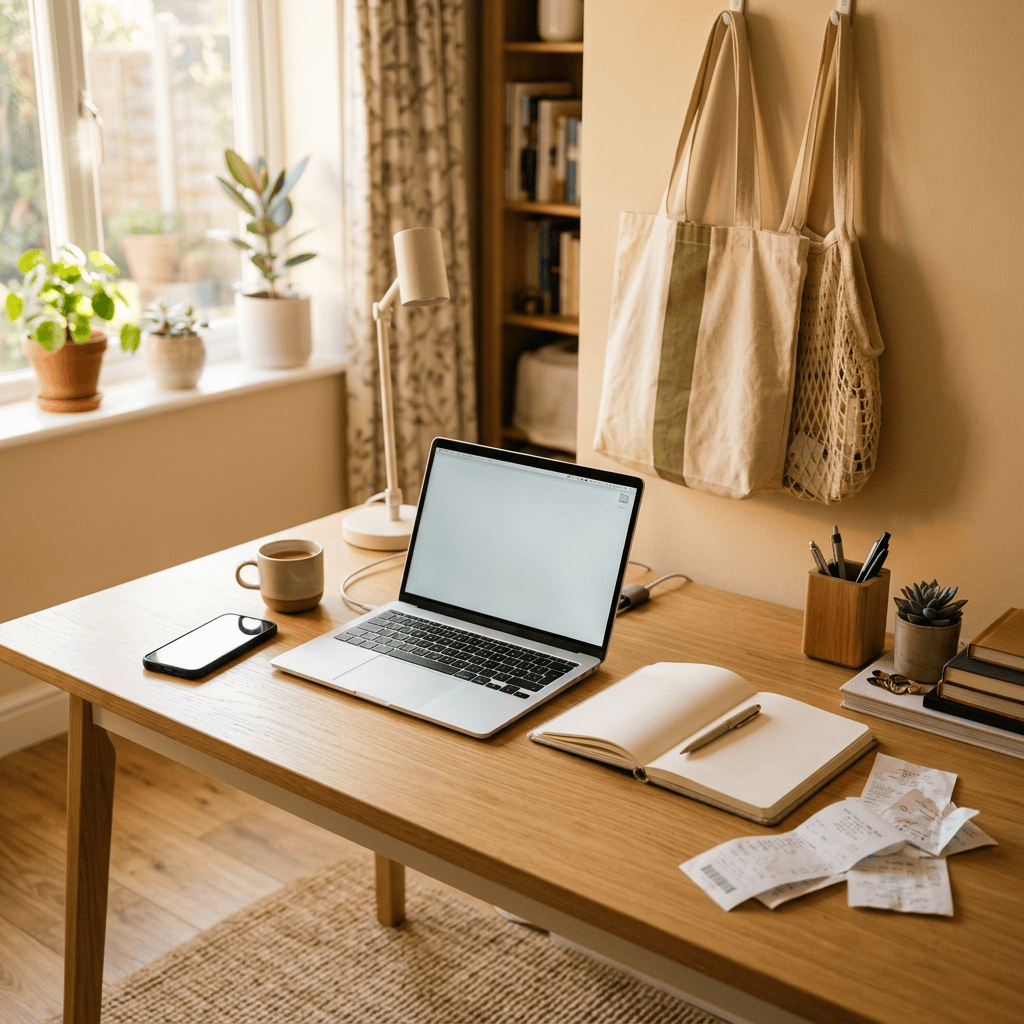 Sunlit wooden desk with laptop, notebook, coffee, plants, and reusable bags