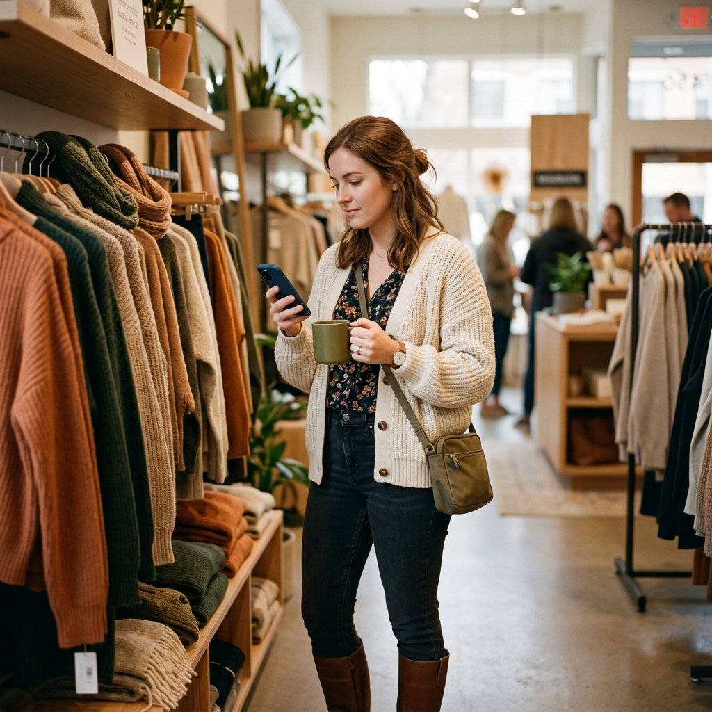 Woman browsing knitwear while checking her phone in a clothing boutique