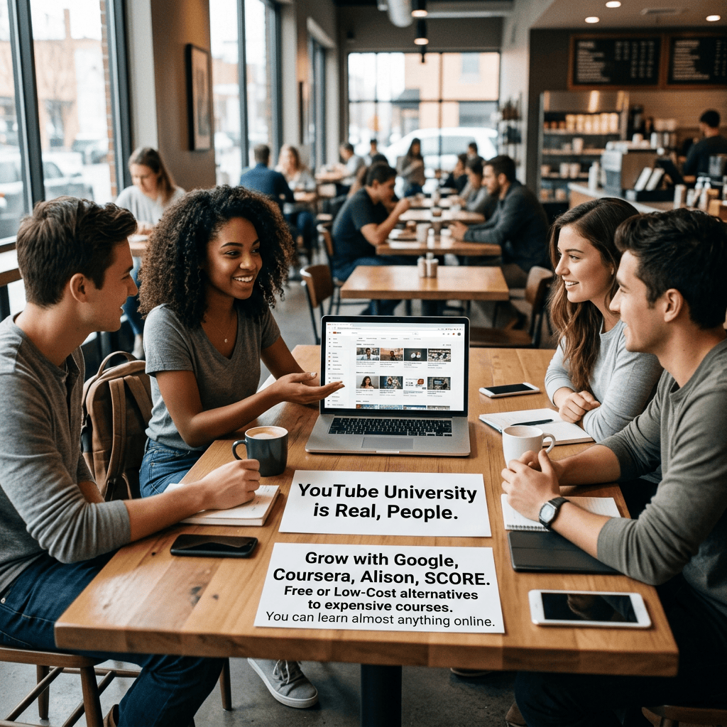Friends around laptop; signs read “YouTube University is Real, People.” and “Grow with Google, Coursera, Alison, SCORE. Free or Low-Cost alternatives to expensive courses. You can learn almost anything online.”