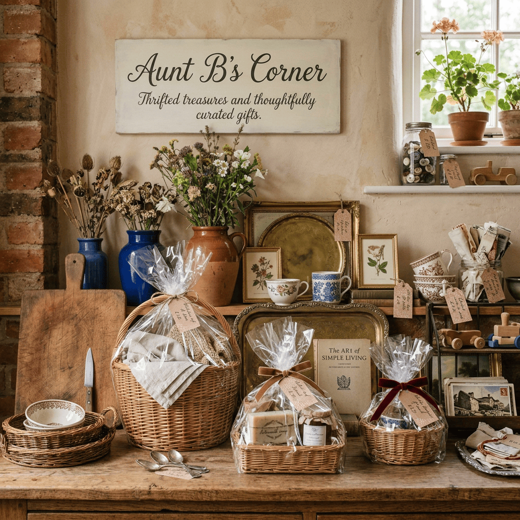 Rustic tabletop with flowers, vintage vessels, books, baskets, and framed art