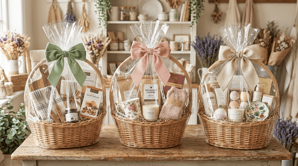 Three curated cottagecore gift baskets on rustic table