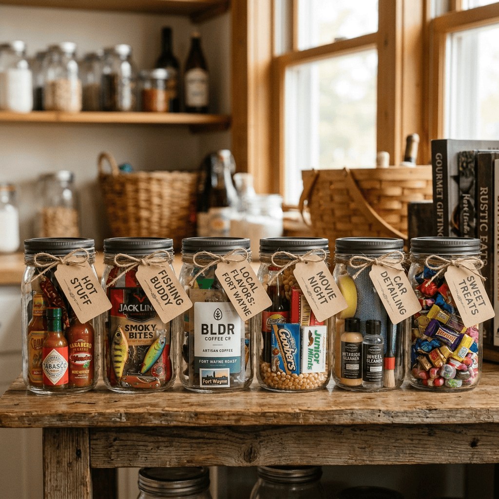 Six gift jars labeled spicy snacks, smoky bites, curated treats, and local flavors