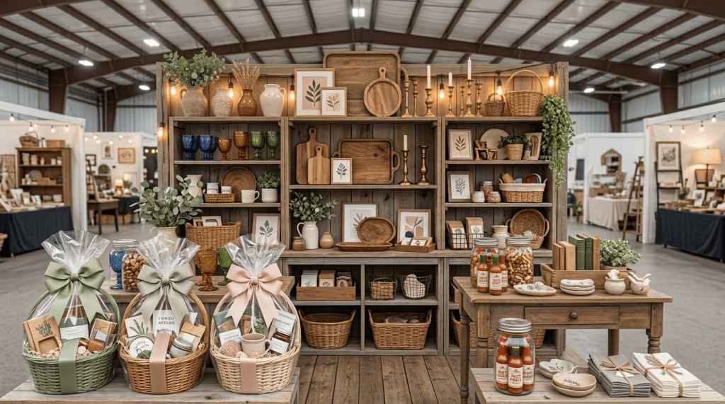 Indoor antique mall booth with eclectic curated gifts