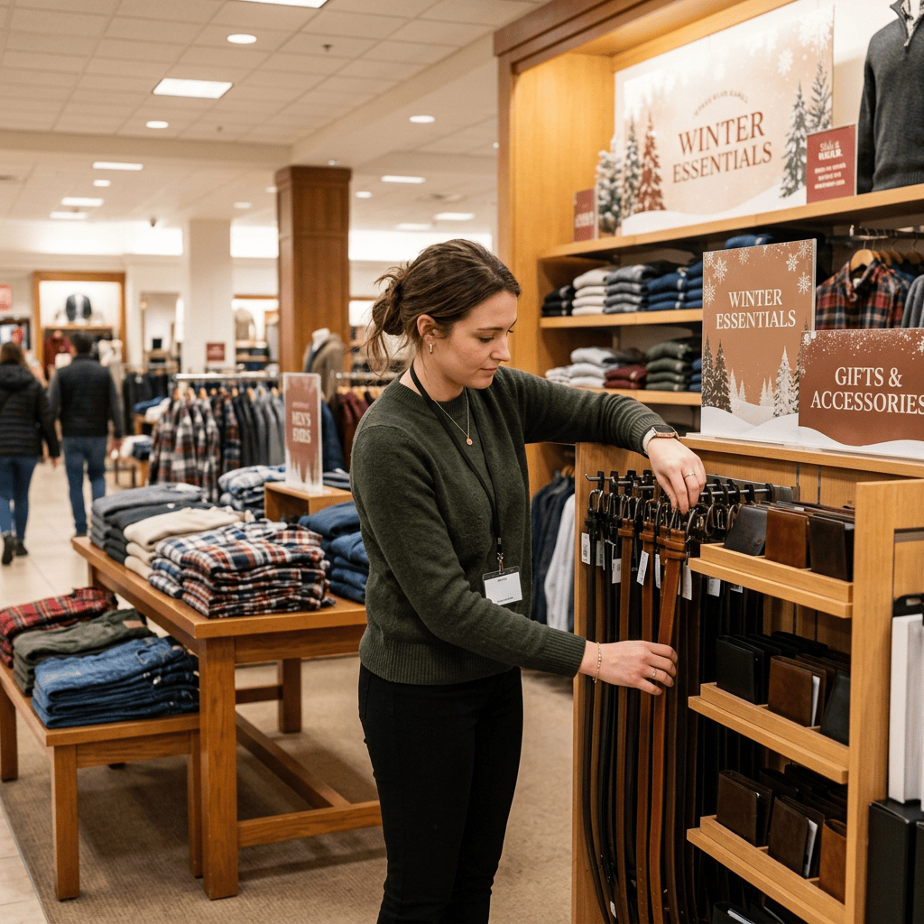 Female merchandiser organizing belts and wallets